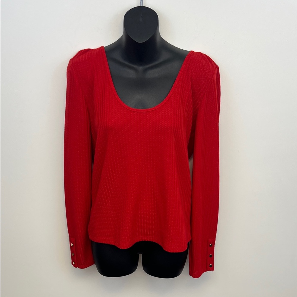 Zara Red Waffle Texture Casual Scoop Neck Long Sleeved Top Size L NWT